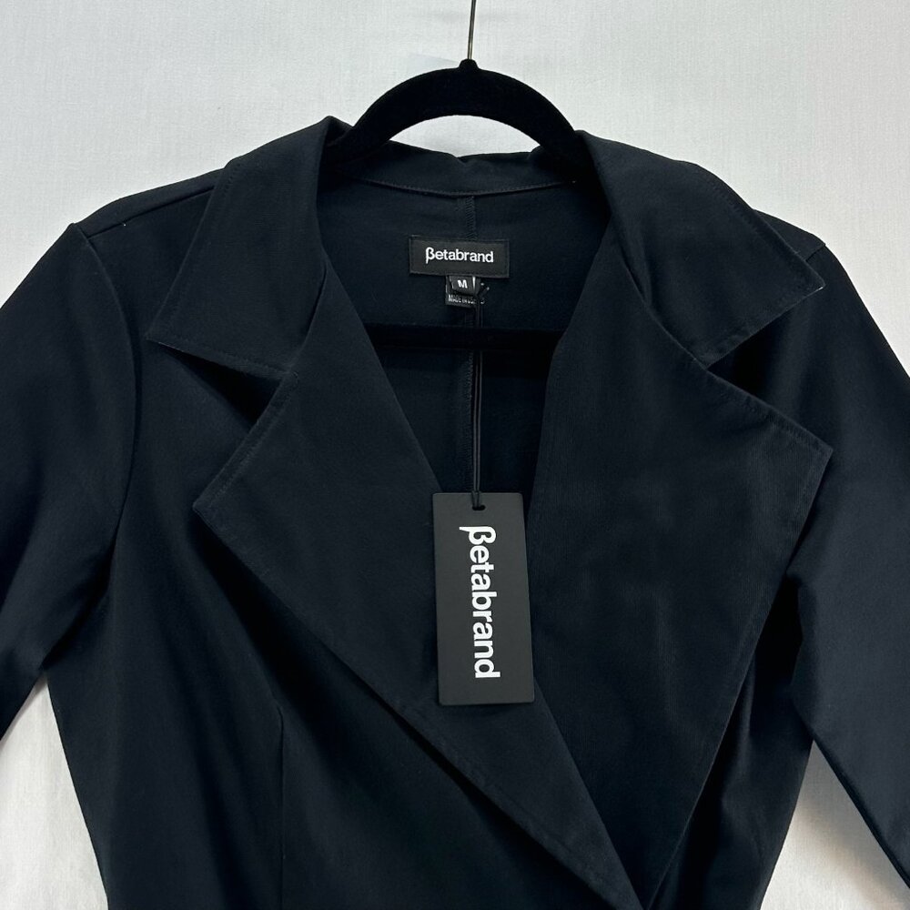 Betabrand Wrap Jacket Dress Womens M Trench Coat Pockets Belted 3/4 Sleeve Black - Picture 4 of 13